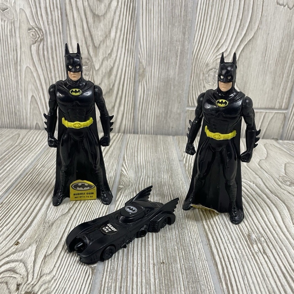 Vintage 1991 Topps Batman Bubble Gum Figures and Batmobile Candy Dispenser Lot